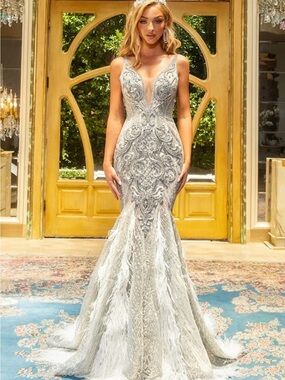 Portia and Scarlett Couture Silver Beaded Mermaid Gown with Feathered Skirt